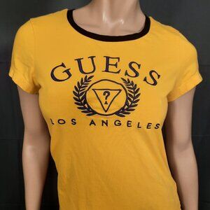 Y2K GUESS T Shirt Yellow Embroidered Ringer Womens L Short Sleeve